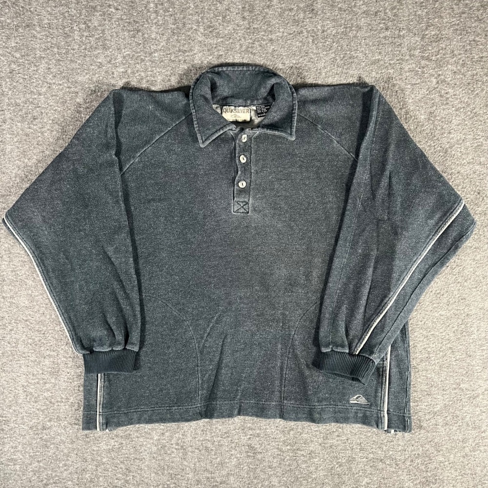 Vintage 90s Quiksilver Salt Water Denim Polo Sweatshirt Mens Large Faded Black